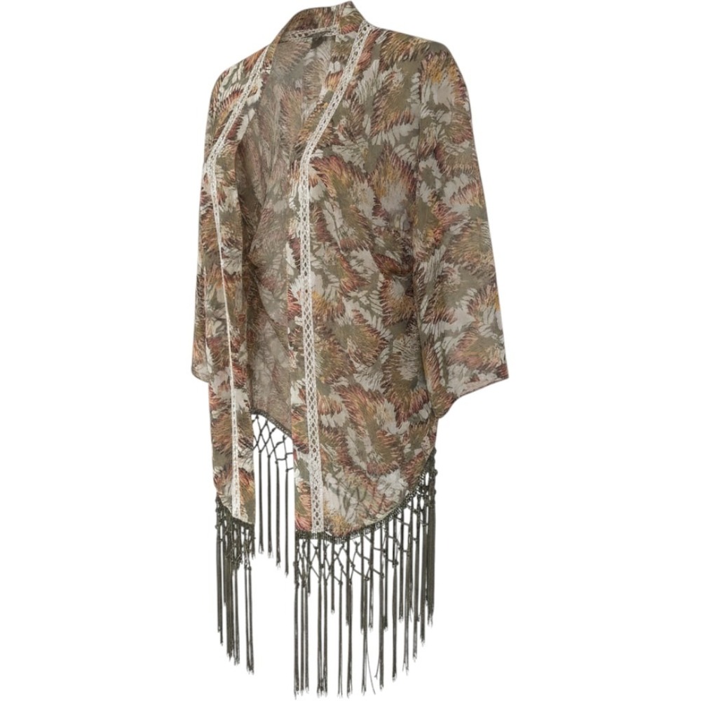 Miss Me Kimono Wrap Women Small Green‎ Floral Excellent Fringe Sheer Boho